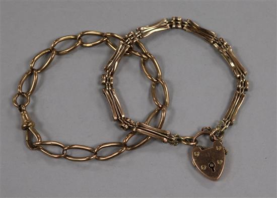 Two 9ct gold bracelets, one with padlock clasp, 30.7g